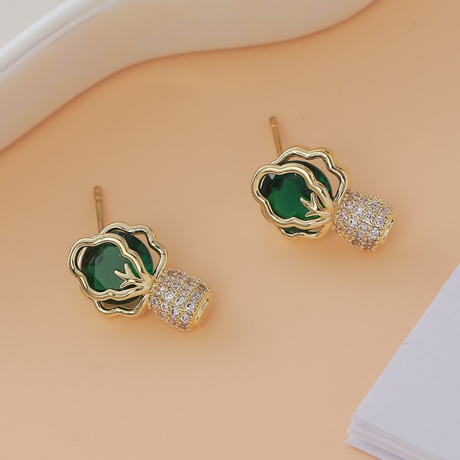 Aretes flor verde con cristal transparente